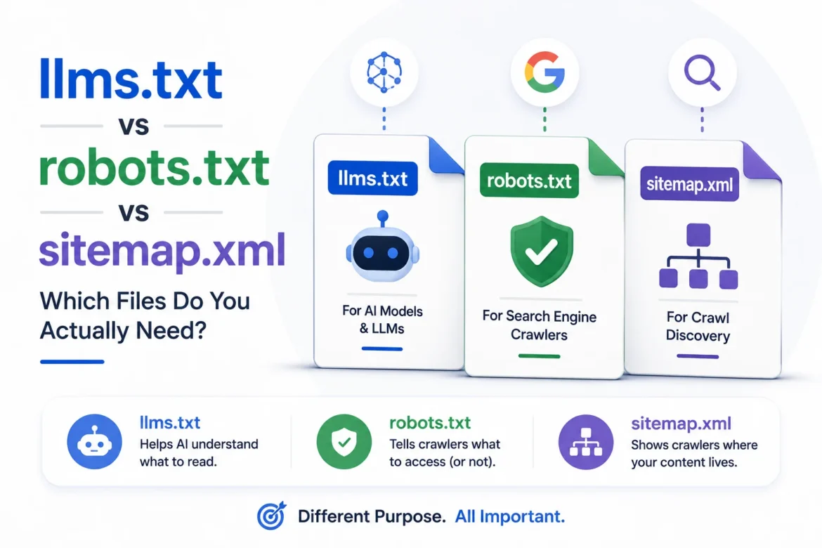 Comparison of llms.txt, robots.txt, and sitemap.xml files for AI indexing and search engine crawling