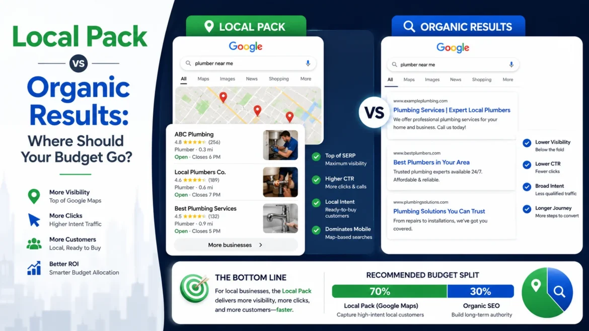 Comparison of Google Local Pack and organic search results for local SEO budget planning.