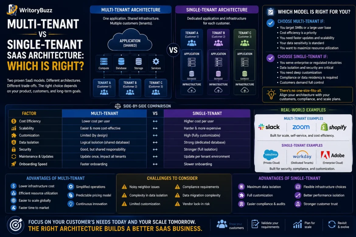 Comparison infographic of multi-tenant and single-tenant SaaS architectures, highlighting differences in scalability, security, customization, performance, and cost.