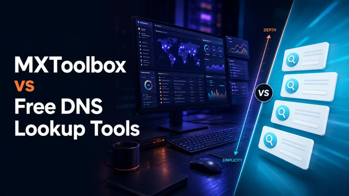 MXToolbox vs free DNS lookup tools comparison showing features, pricing, and DNS monitoring capabilities.