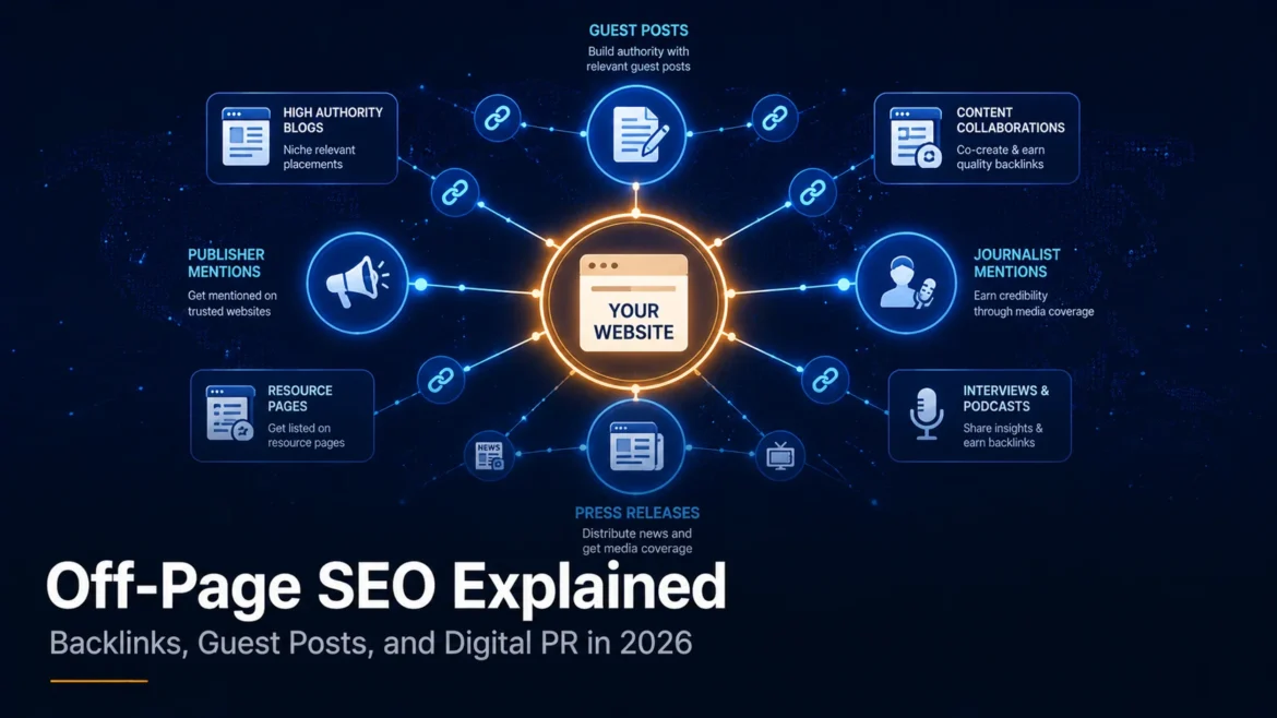 Editorial network diagram illustrating off-page SEO with backlinks, guest posts, press releases, and journalist mentions connected to a central website