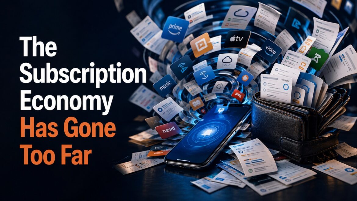 Editorial illustration of a consumer overwhelmed by multiple subscription services, recurring monthly charges, and rising digital expenses, highlighting subscription fatigue.