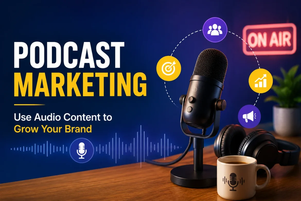 Podcast marketing hero banner with microphone, headphones, and audio waveform for brand growth