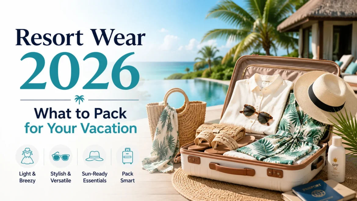 Open suitcase with resort wear essentials beside a tropical beach and luxury pool for a 2026 vacation