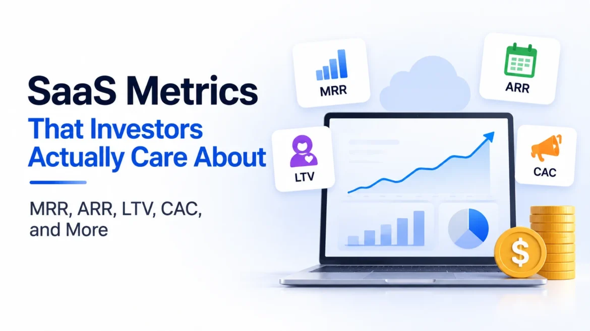 Minimal hero image showing key SaaS metrics with a laptop dashboard, growth chart, and MRR, ARR, LTV, and CAC metric cards