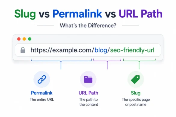 Minimal comparison of slug, permalink, and URL path using a browser URL with labeled sections