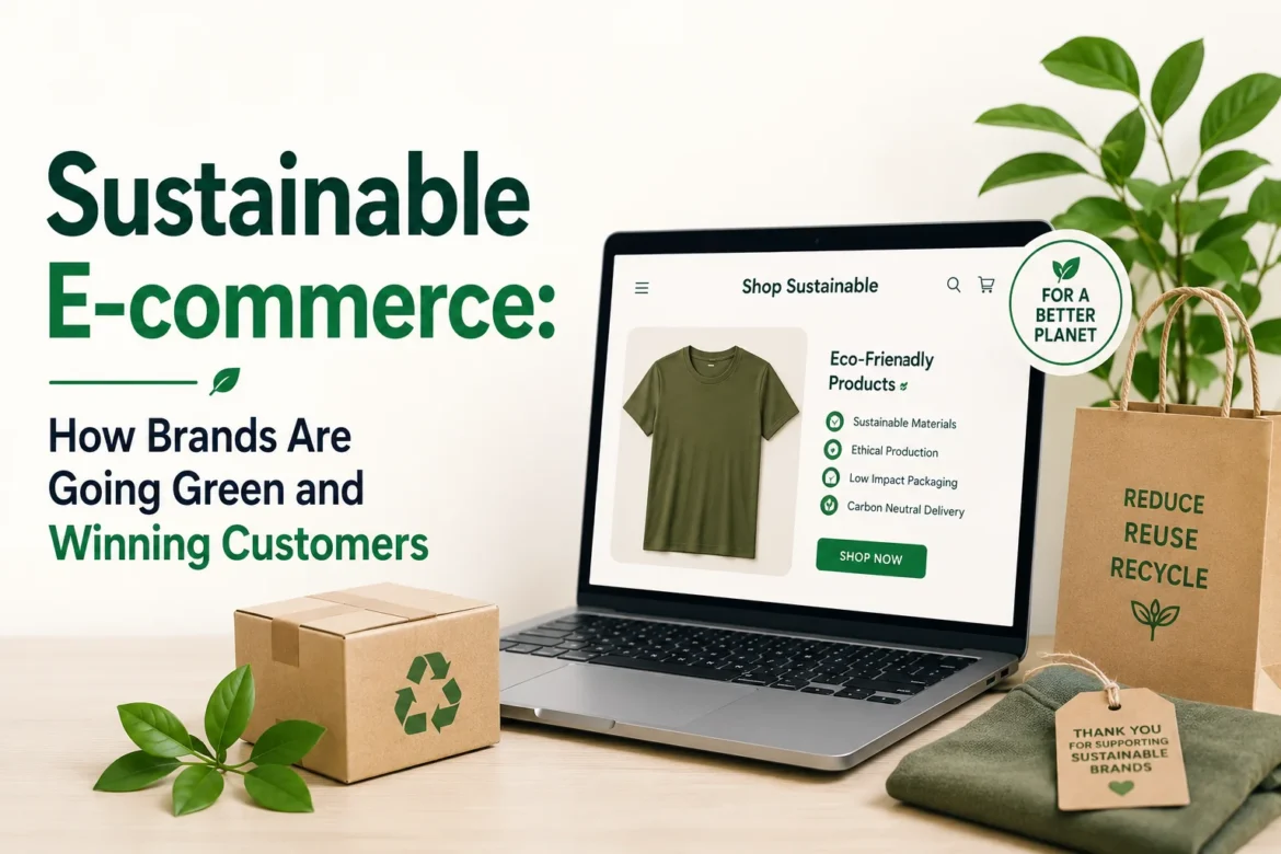 Hero image showing a sustainable e-commerce store with eco-friendly products, recycled packaging, and green branding