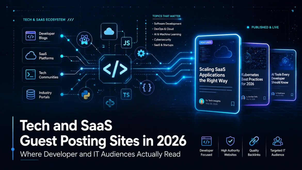 Tech and SaaS guest posting network showing developer blogs, cloud platforms, and published article cards connected through a modern technology ecosystem