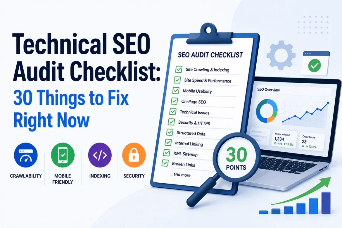 Hero image showing a technical SEO audit checklist with a clipboard, magnifying glass, and SEO dashboard