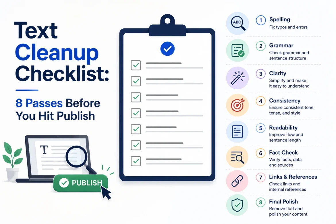 Minimal text cleanup checklist with a clipboard, laptop, and publish button illustrating content editing before publishing