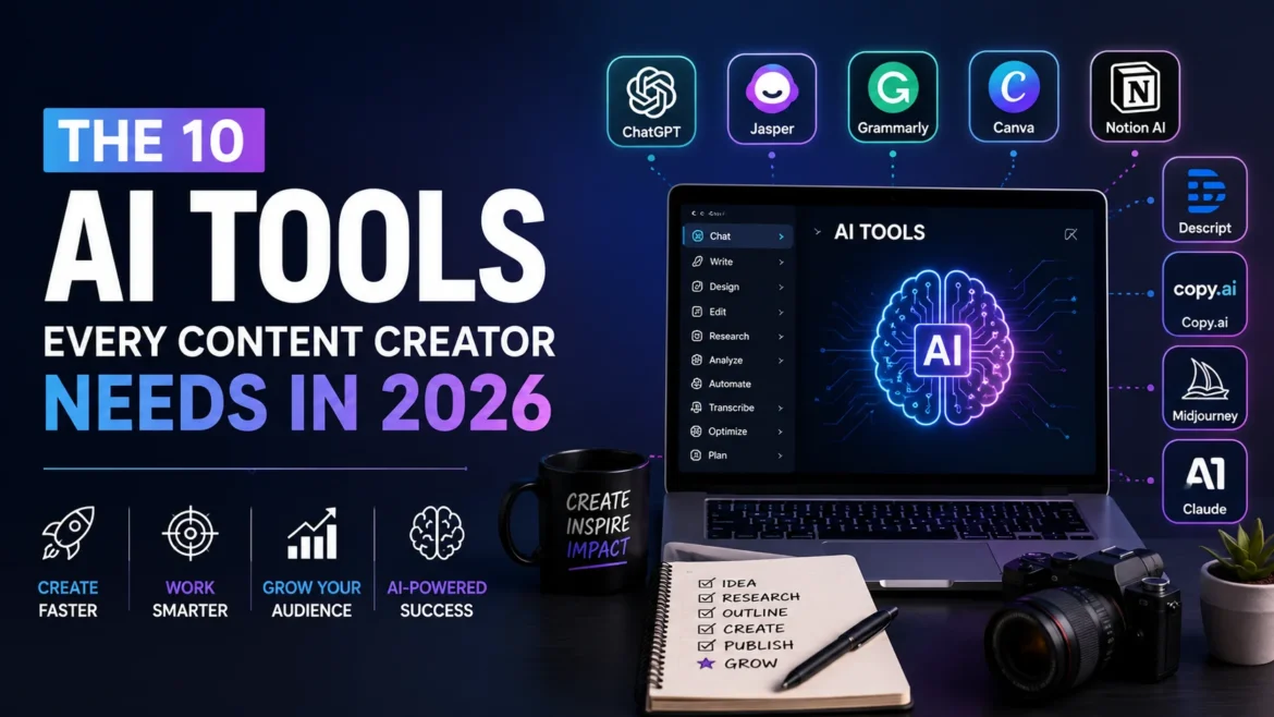 AI tools dashboard for content creators featuring popular AI writing, design, and productivity platforms in 2026