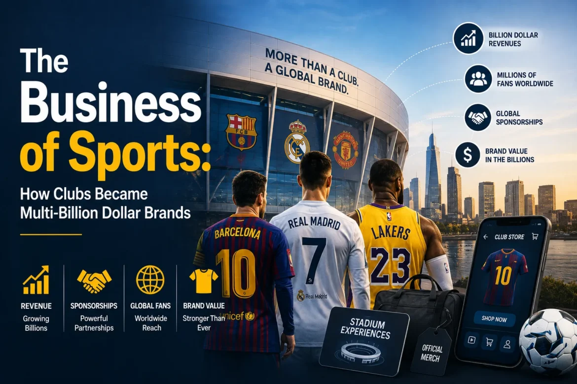Hero image showing global sports clubs as billion-dollar brands with a stadium, athletes, merchandise, sponsorship, and business growth elements