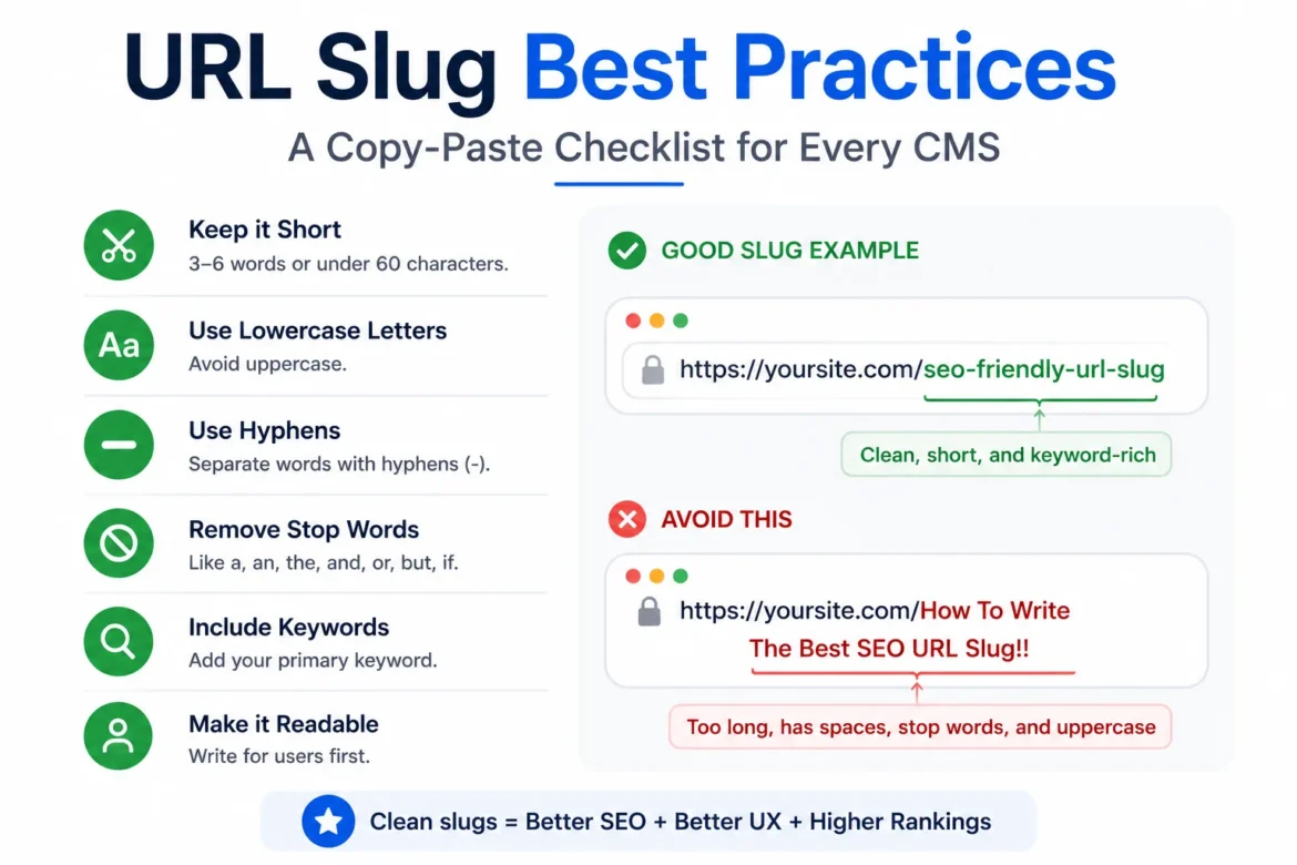 Minimal URL slug best practices checklist with a clean URL example and simple SEO guidelines