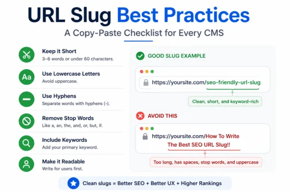 Minimal URL slug best practices checklist with a clean URL example and simple SEO guidelines