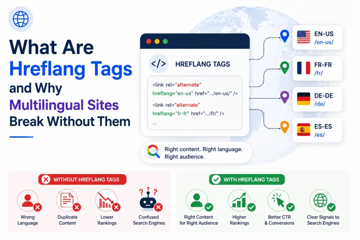 Minimal illustration explaining hreflang tags with multilingual language targeting and global SEO