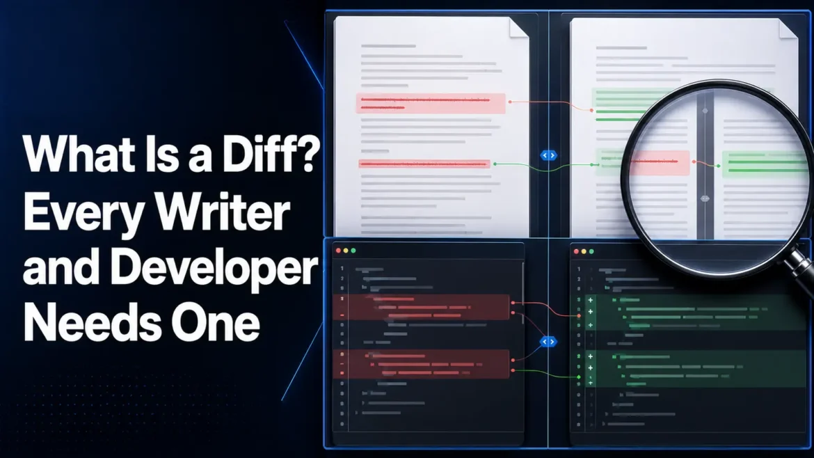 Diff tool interface comparing two versions of text or code with highlighted changes for writers and developers.