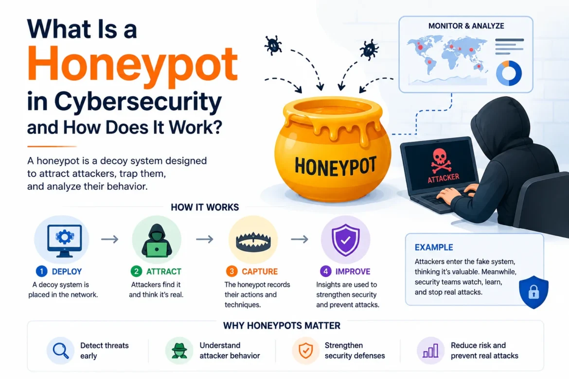 Cybersecurity honeypot illustration showing a decoy system attracting attackers for monitoring and analysis