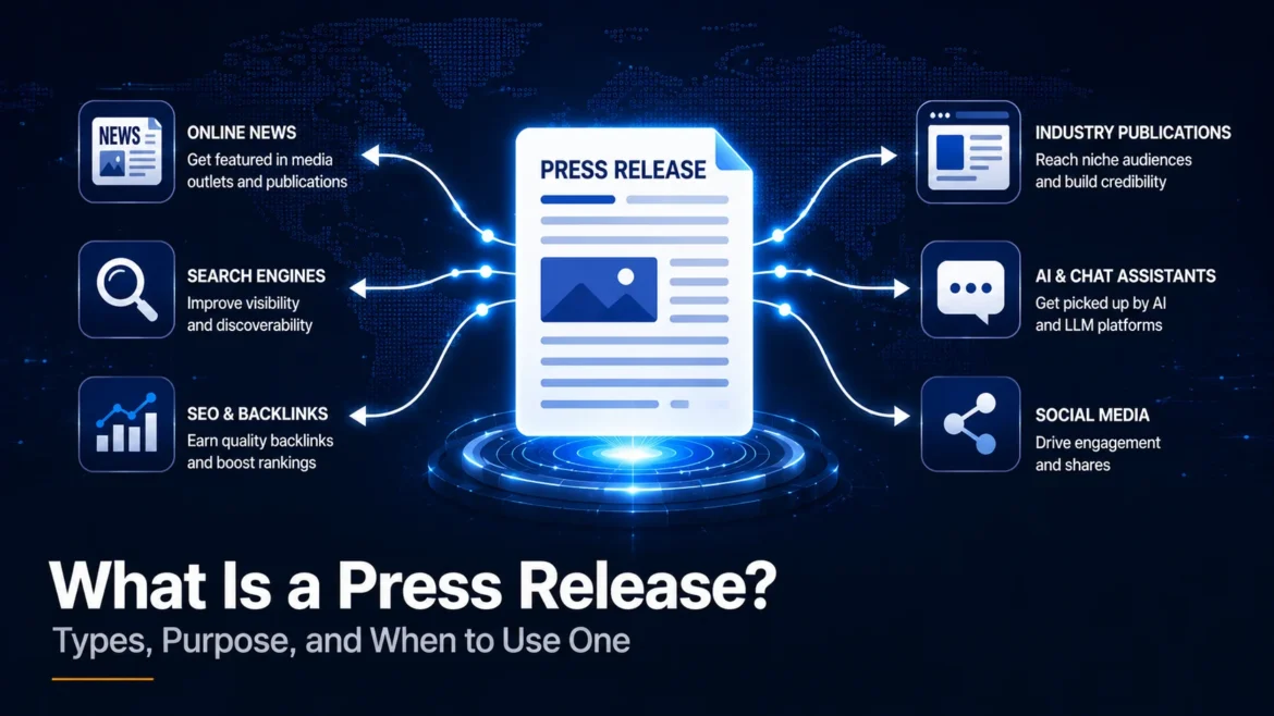 Editorial infographic showing a press release being distributed to news websites, search engines, AI assistants, and digital media channels