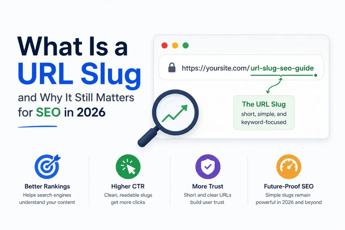 Minimal illustration explaining what a URL slug is with a highlighted example in a browser address bar
