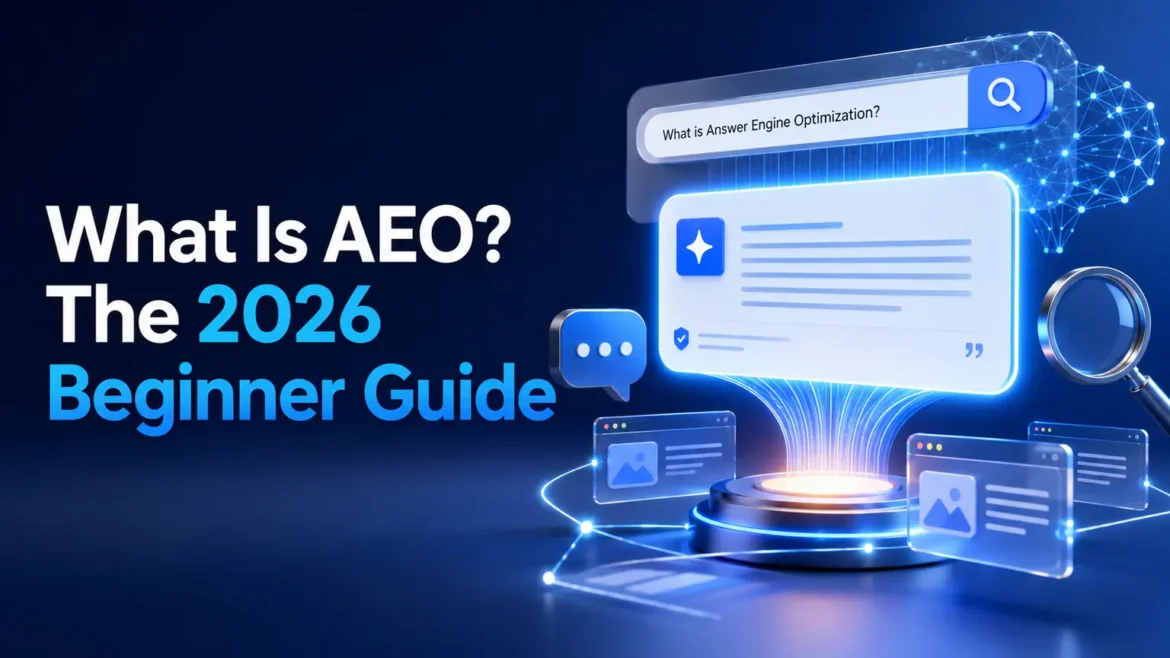 Illustration explaining Answer Engine Optimization (AEO) with AI search engines, featured snippets, and conversational search results.