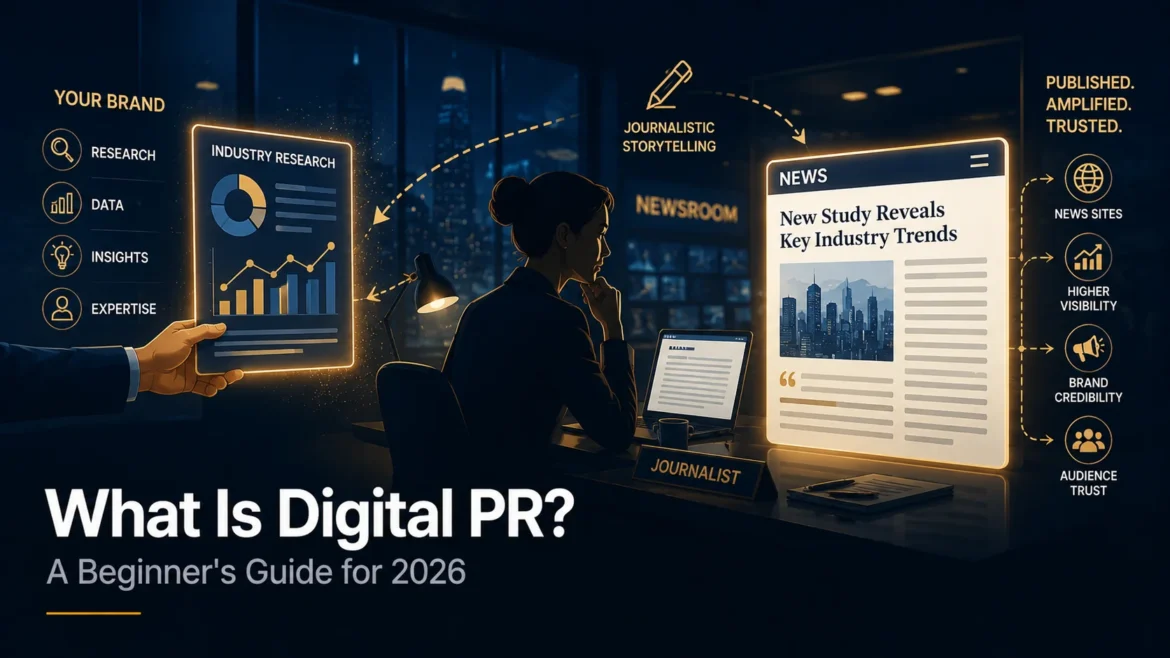 Editorial illustration showing a journalist transforming business data into a published news article to represent digital PR and media outreach
