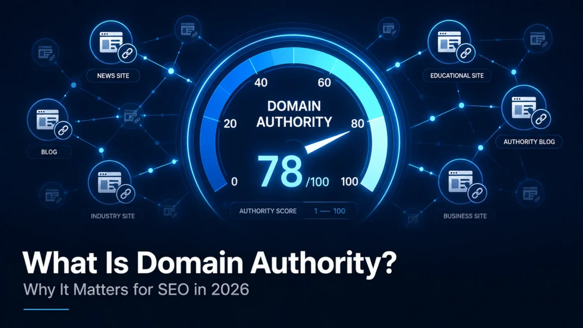 Editorial illustration of a domain authority gauge with backlink network connections representing website authority and SEO performance