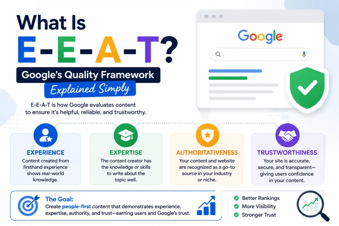 Simple visual explanation of Google's E-E-A-T framework showing Experience, Expertise, Authoritativeness, and Trustworthiness.