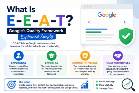Simple visual explanation of Google's E-E-A-T framework showing Experience, Expertise, Authoritativeness, and Trustworthiness.