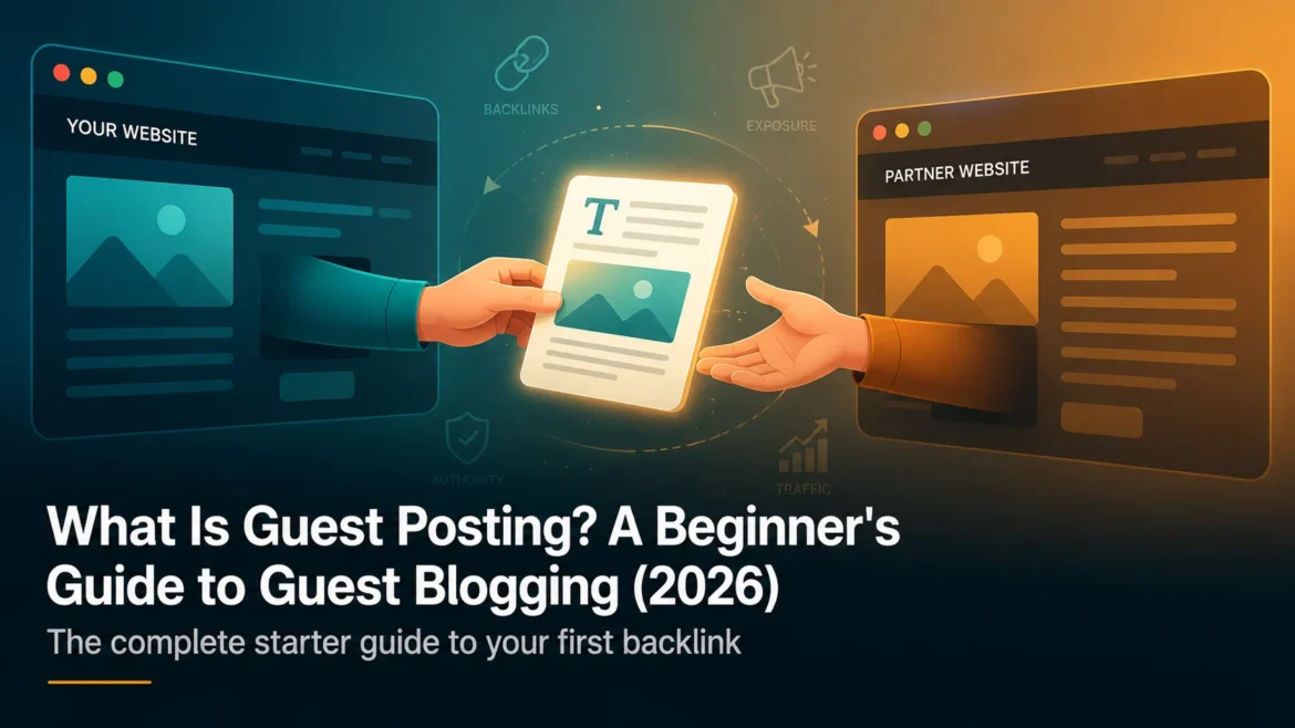 Editorial illustration showing a guest blog article being shared between two websites to demonstrate the guest posting process and backlink building