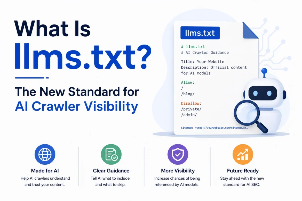 Minimal illustration showing an llms.txt file, an AI crawler, and AI-ready website indexing