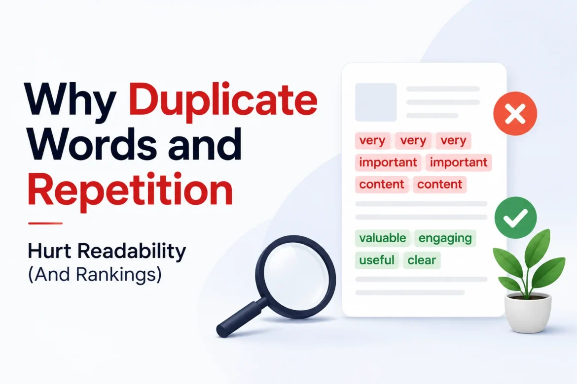 Hero image showing duplicate words highlighted in red and concise writing in green to illustrate better readability and SEO