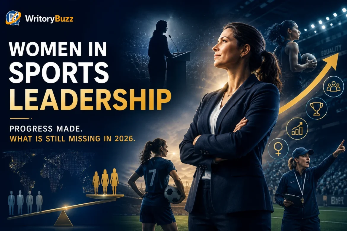 Editorial banner illustrating women in sports leadership with a female executive, athletes, leadership symbols, and upward growth visuals representing progress and future opportunities in 2026.