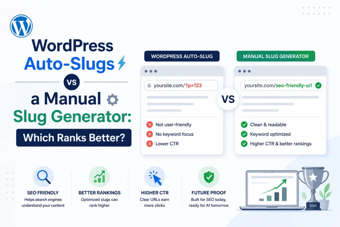 Comparison of WordPress auto-generated URL slugs and a manual slug generator with SEO-friendly URL examples