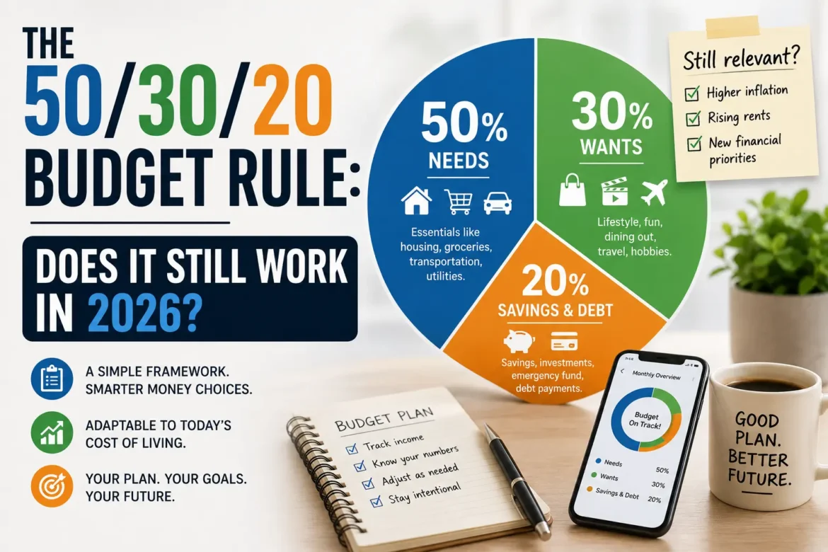 50/30/20 budget rule showing needs wants and savings for 2026