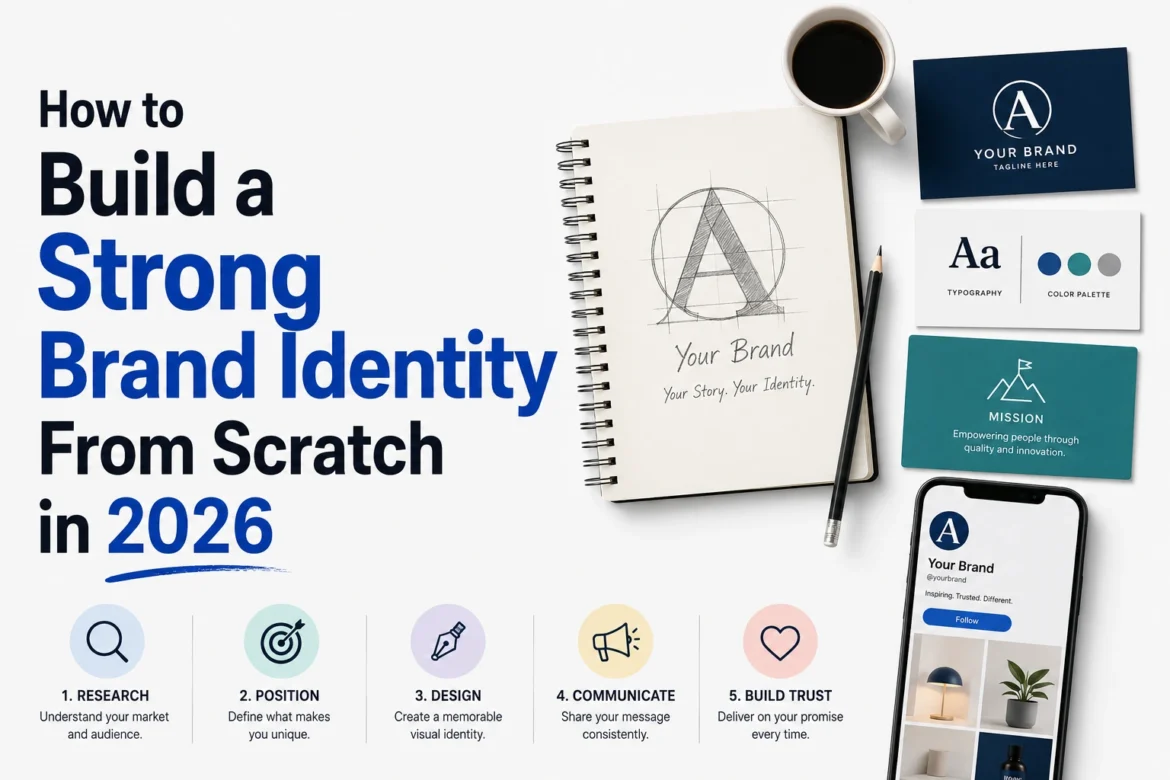 Building a strong brand identity from scratch with logo, colors, and brand messaging