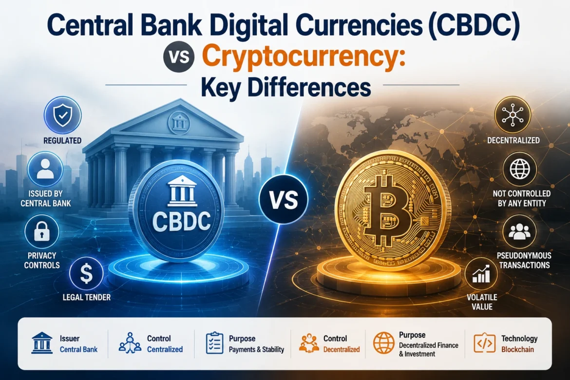 CBDC vs cryptocurrency showing key differences in digital currency