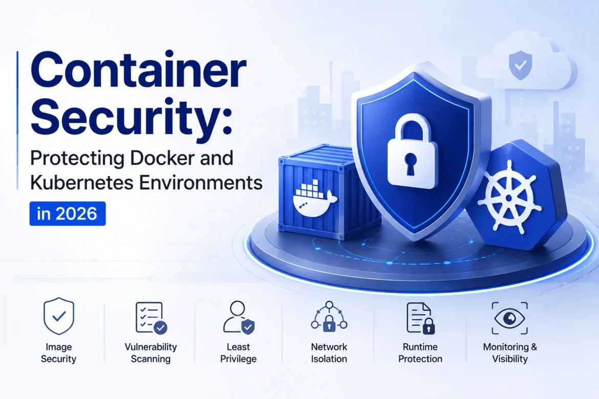 Container security illustration with Docker, Kubernetes, shield, and runtime protection in 2026