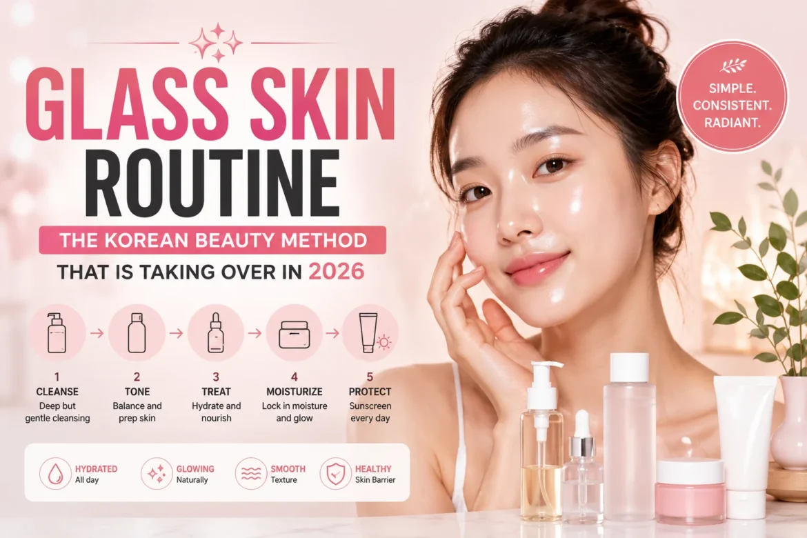 Glass skin routine inspired by the Korean beauty method featuring glowing skin and essential skincare products