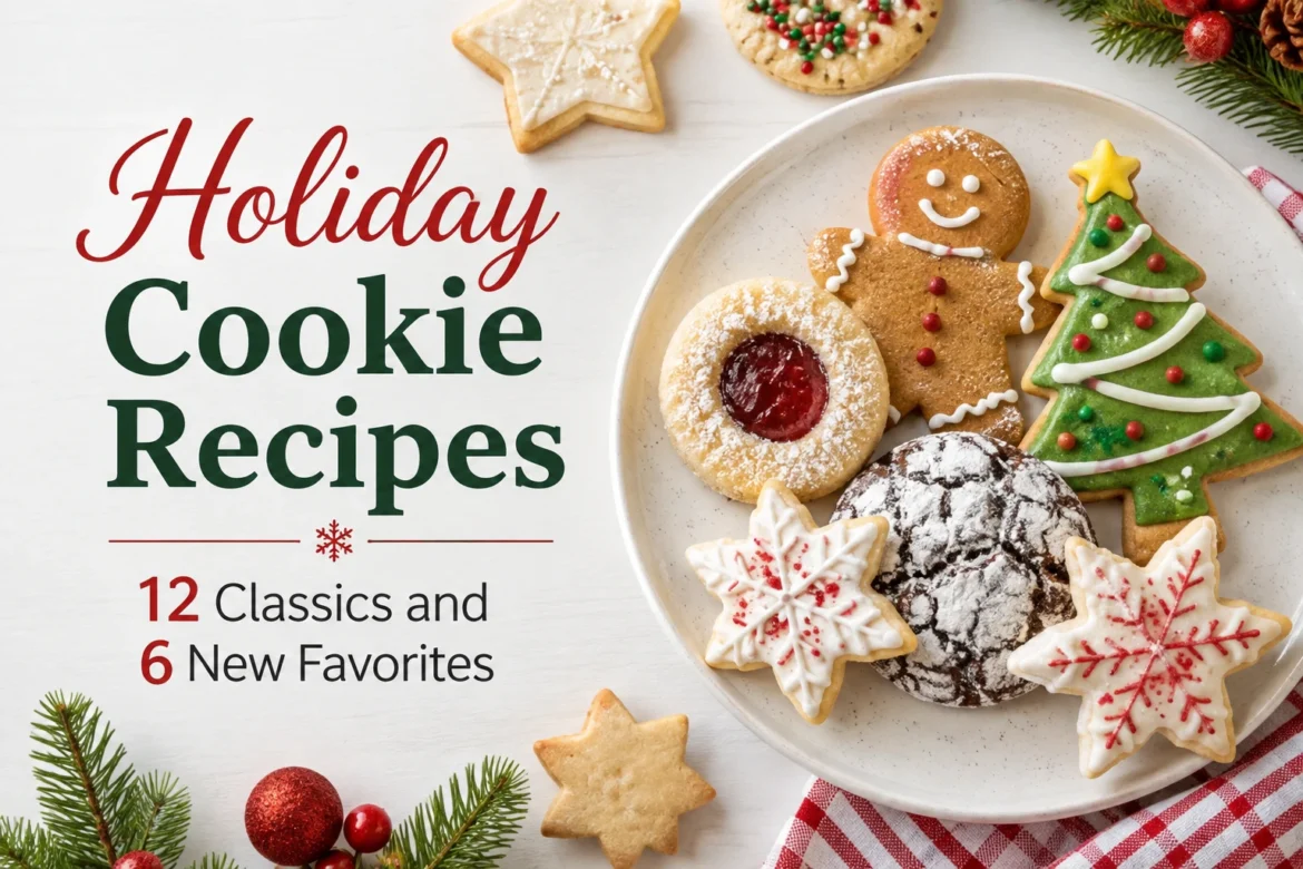 Assortment of classic and new holiday cookie recipes on a festive platter