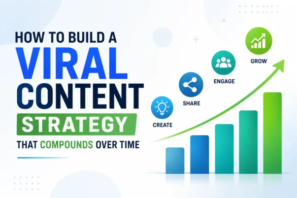Minimal illustration showing a viral content strategy with a compounding growth curve and content marketing workflow