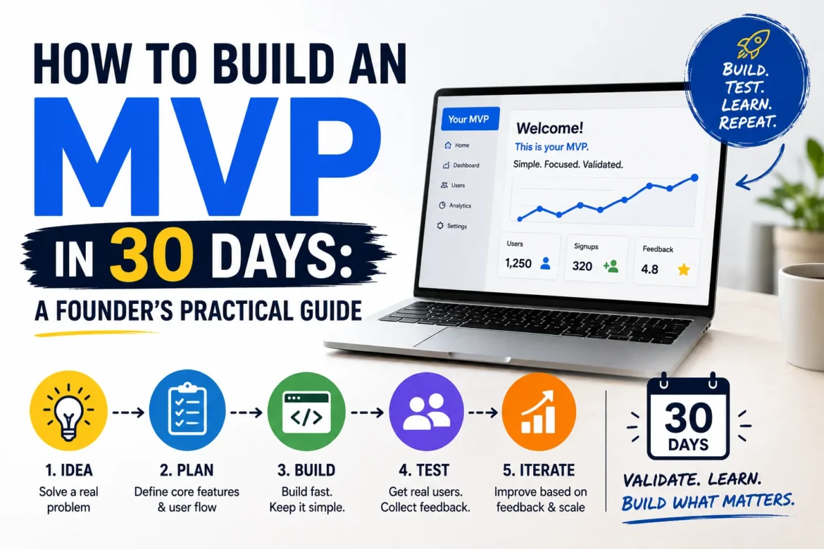 Minimal startup illustration showing the process of building a minimum viable product (MVP) in 30 days