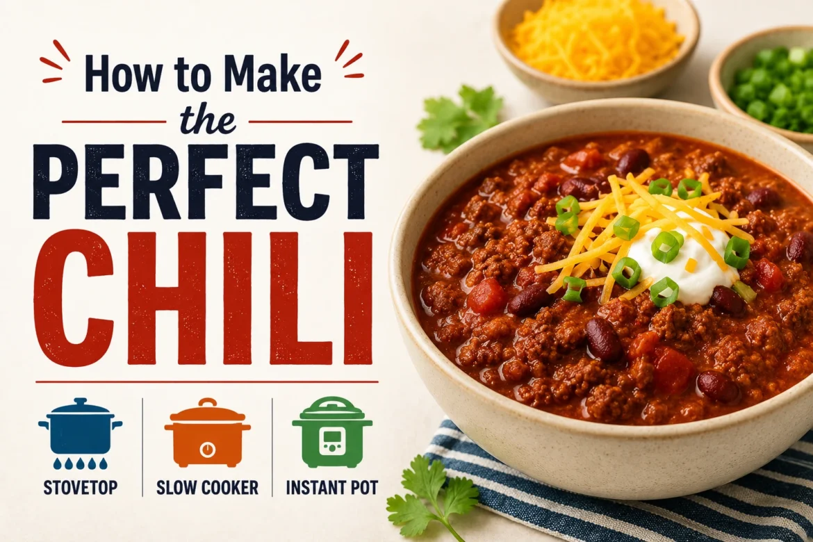 Perfect homemade chili made using stovetop, slow cooker, and Instant Pot methods