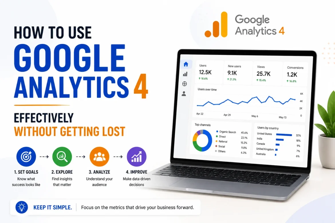 Minimal Google Analytics 4 dashboard illustration showing key metrics and a simple analytics workflow