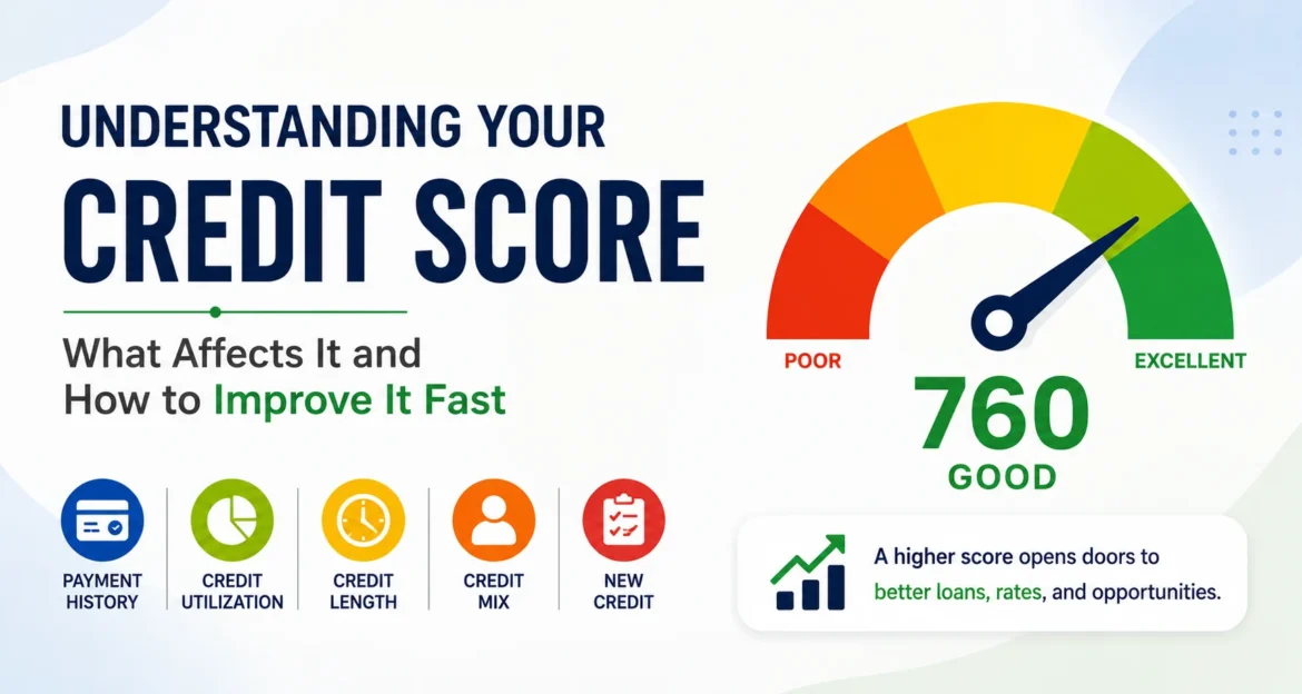 Simple credit score illustration with a gauge showing a good credit score and key credit score factors