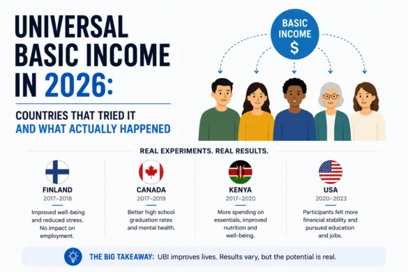 Minimal infographic illustrating Universal Basic Income experiments in different countries and their outcomes