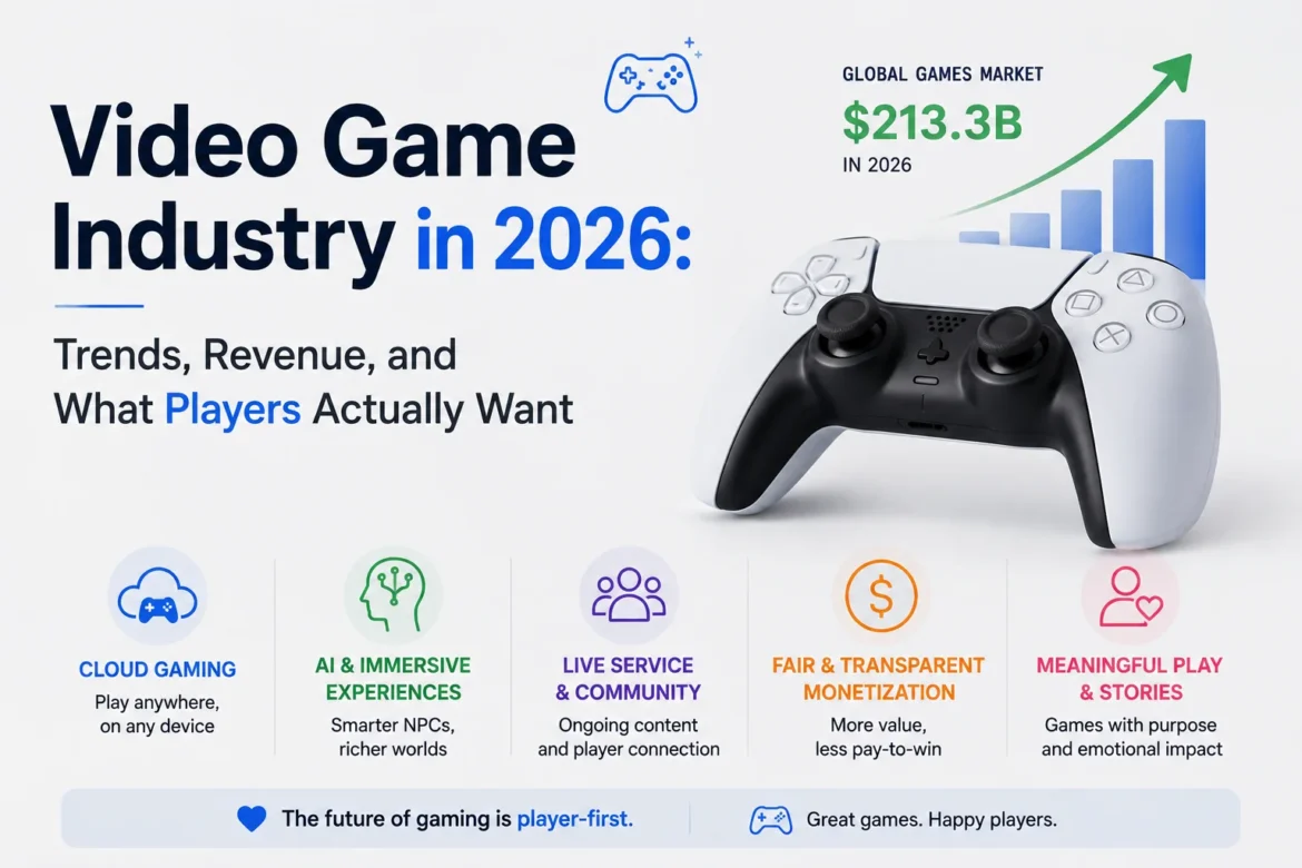 Video game industry trends in 2026 featuring a game controller, market growth, and player-focused gaming insights